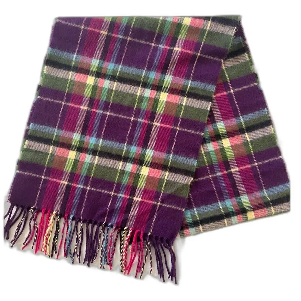 100% Cashmere Purple Plaid Scarf Made in Scotland Soft 35x12.5